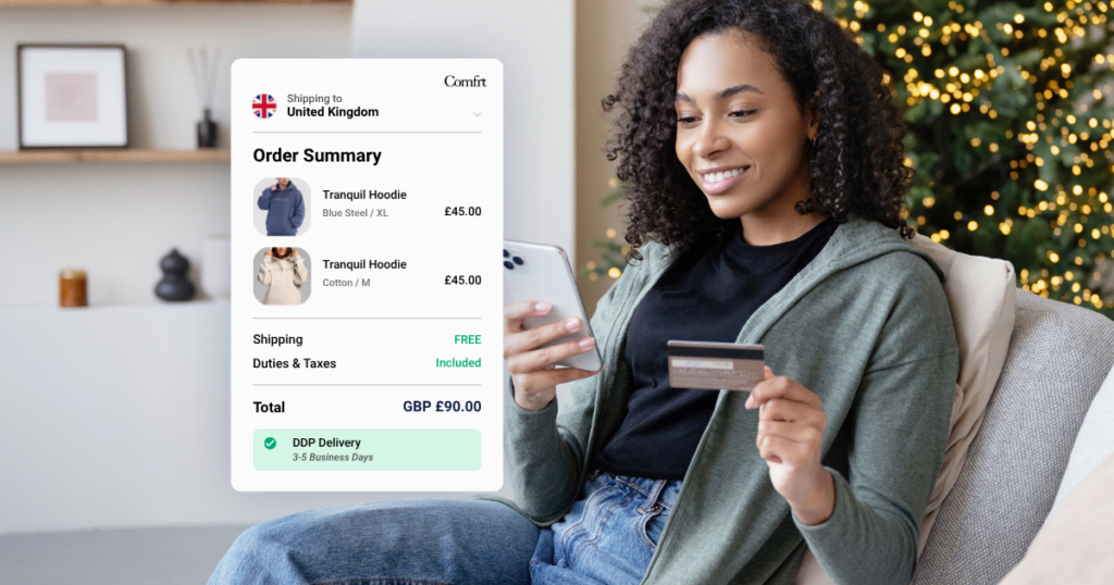 Woman shopping online with order summary on mobile device at home.