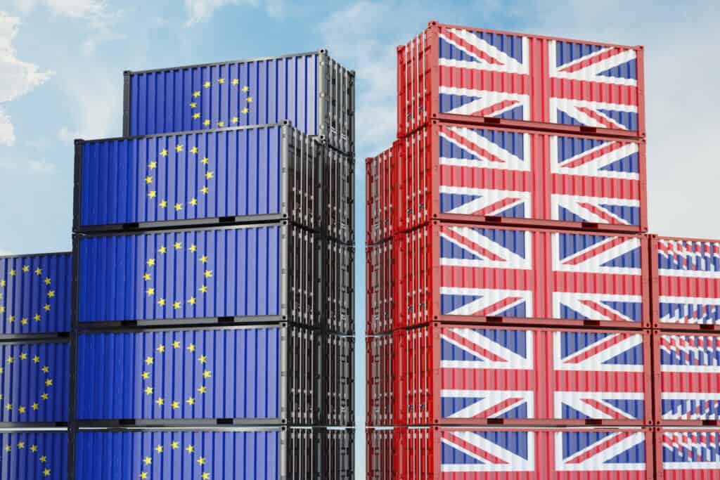 Brexit Trade Concept With UK and EU Shipping Containers