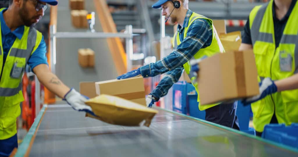 In a Modern Sorting Center Facility, Diverse Workers in Safety Vests Loading Parcels Onto a Conveyor, Efficiently Working Together as a Team. Logistics and Postal Service Operations