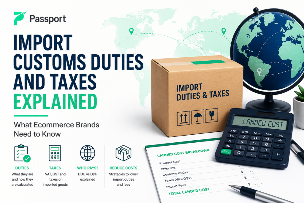 Box labeled "Import Duties & Taxes" with calculator, globe, and documents for ecommerce brands.