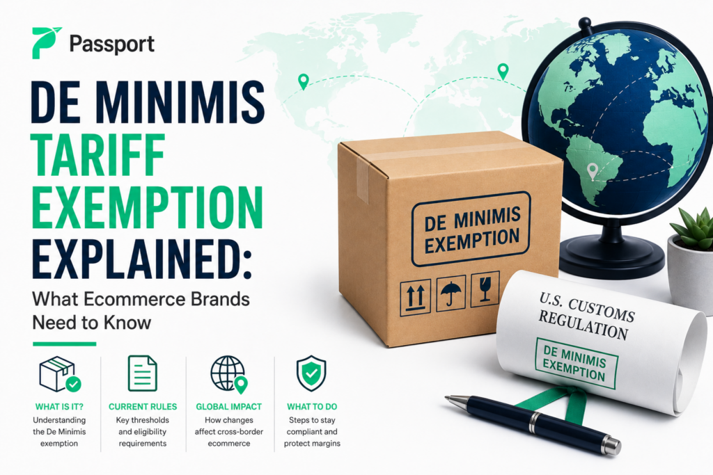 Illustration for a blog about the de minimis tariff exemption featuring a shipping box labeled “De Minimis Exemption,” a globe, customs regulation document, and ecommerce shipping graphics alongside the title “De Minimis Tariff Exemption Explained: What Ecommerce Brands Need to Know.”