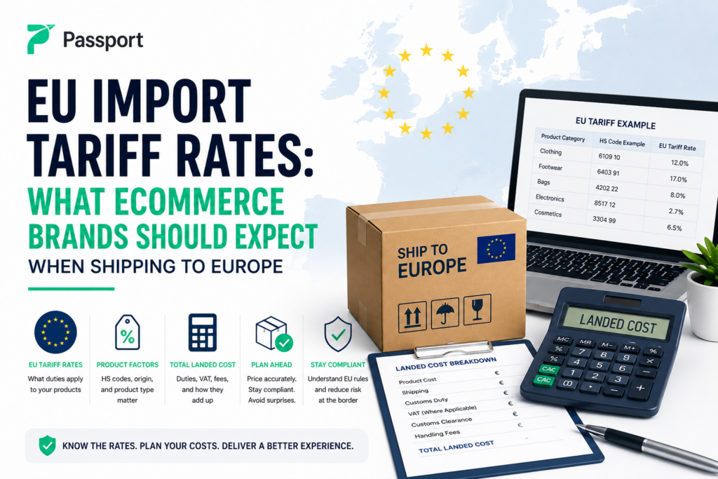 EU import tariff rates for eCommerce brands shipping to Europe, with a shipping box and calculator.