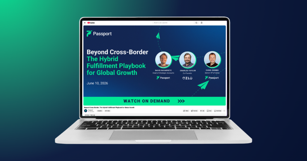 Laptop screen showing Passport cross-border ecommerce webinar with speakers.