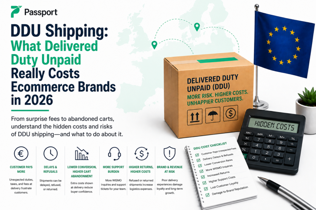 E-commerce internationalization and shipping costs infographic with EU flag and delivery box.