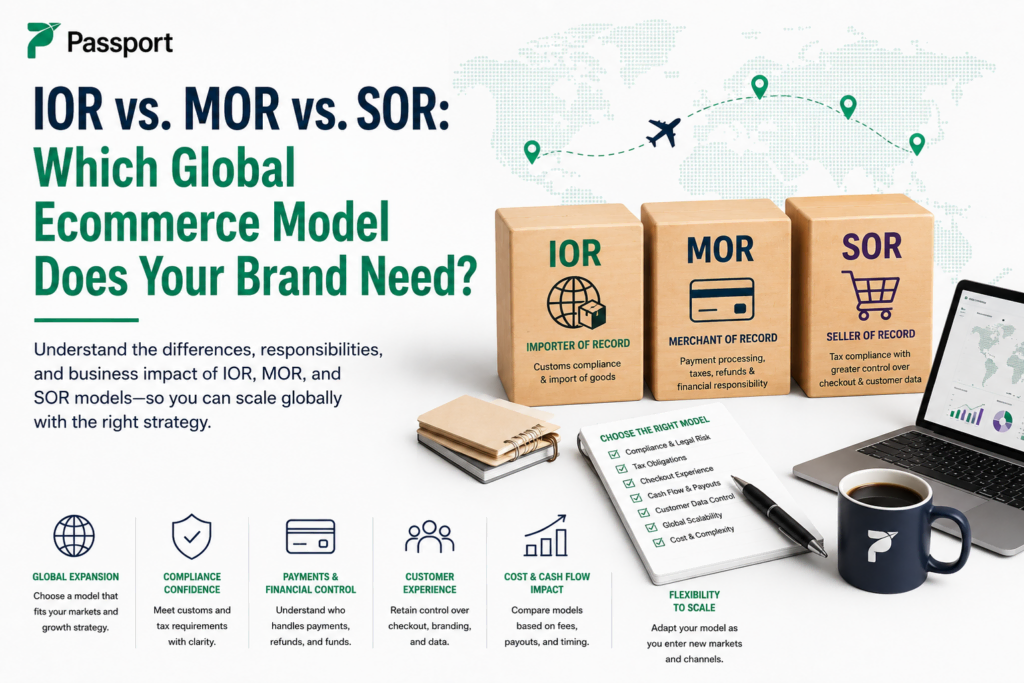 Global ecommerce models IOR, MOR, SOR explained with boxes and digital devices.