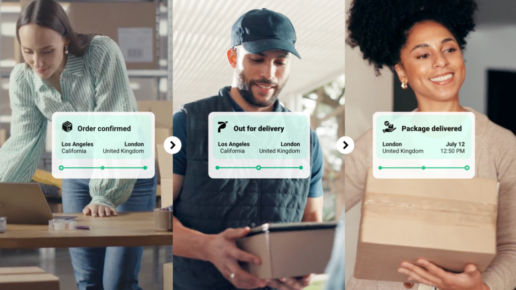Three people with packages showing delivery status updates for international shipping.