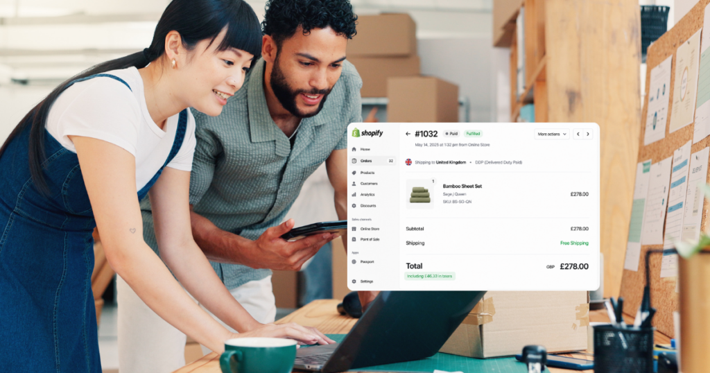 Two people reviewing an online order for bamboo sheets in a warehouse setting.