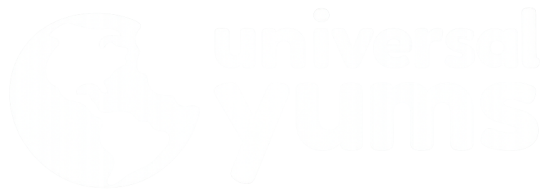 Universal Yums logo featuring a globe and playful font for international snack boxes.
