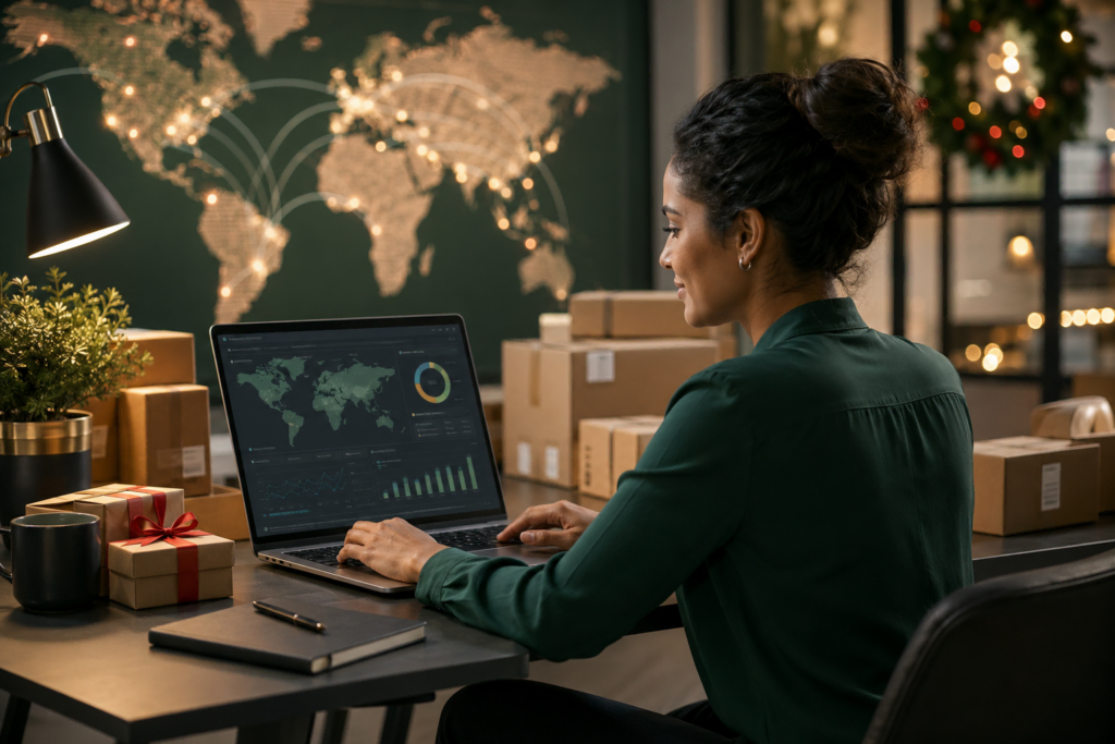 Businesswoman analyzing global e-commerce data on laptop in festive office setting.