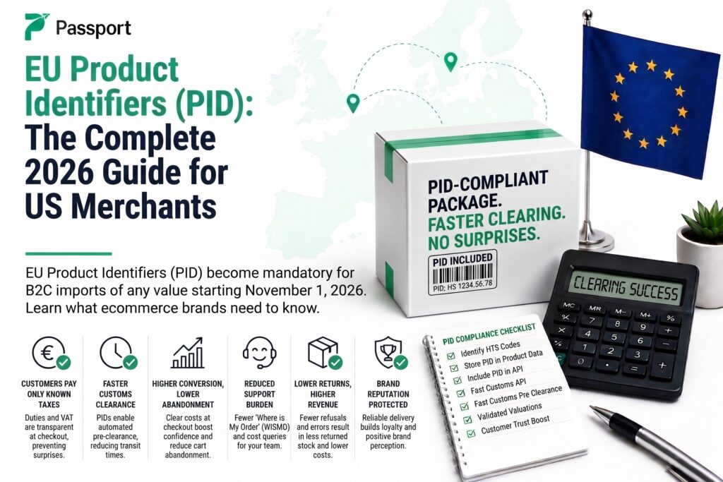 EU Product Identifiers guide for US merchants with a European flag and checklist.