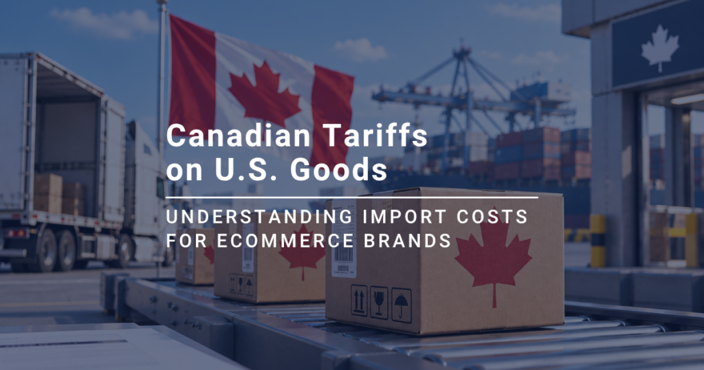 Shipping containers with Canadian flags and boxes at a port.