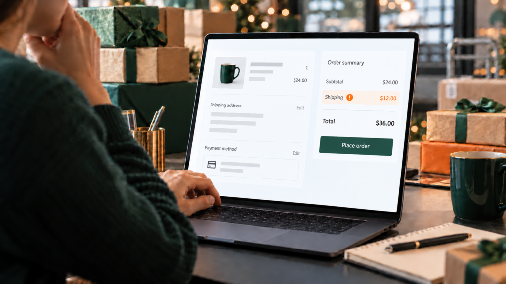 Person placing an online order on a tablet with holiday gift boxes around.