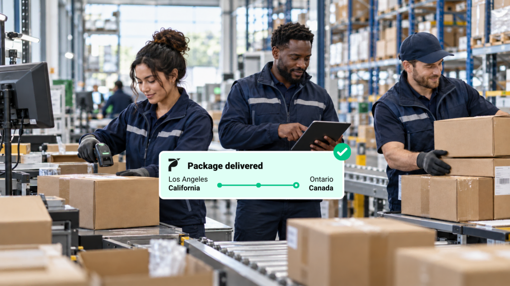 Warehouse staff packing boxes in a logistics center for international shipping.