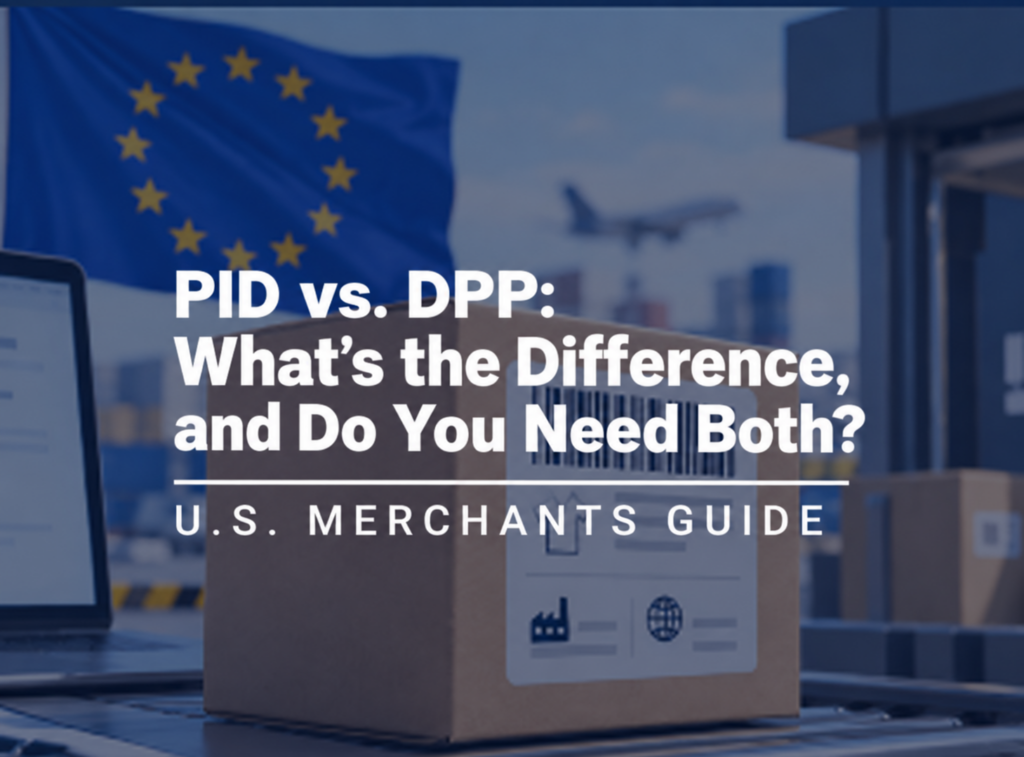 International shipping and customs clearance at an airport with EU flag and cargo.
