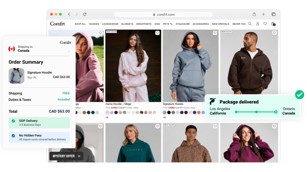 E-commerce website with international shipping options and package delivery.